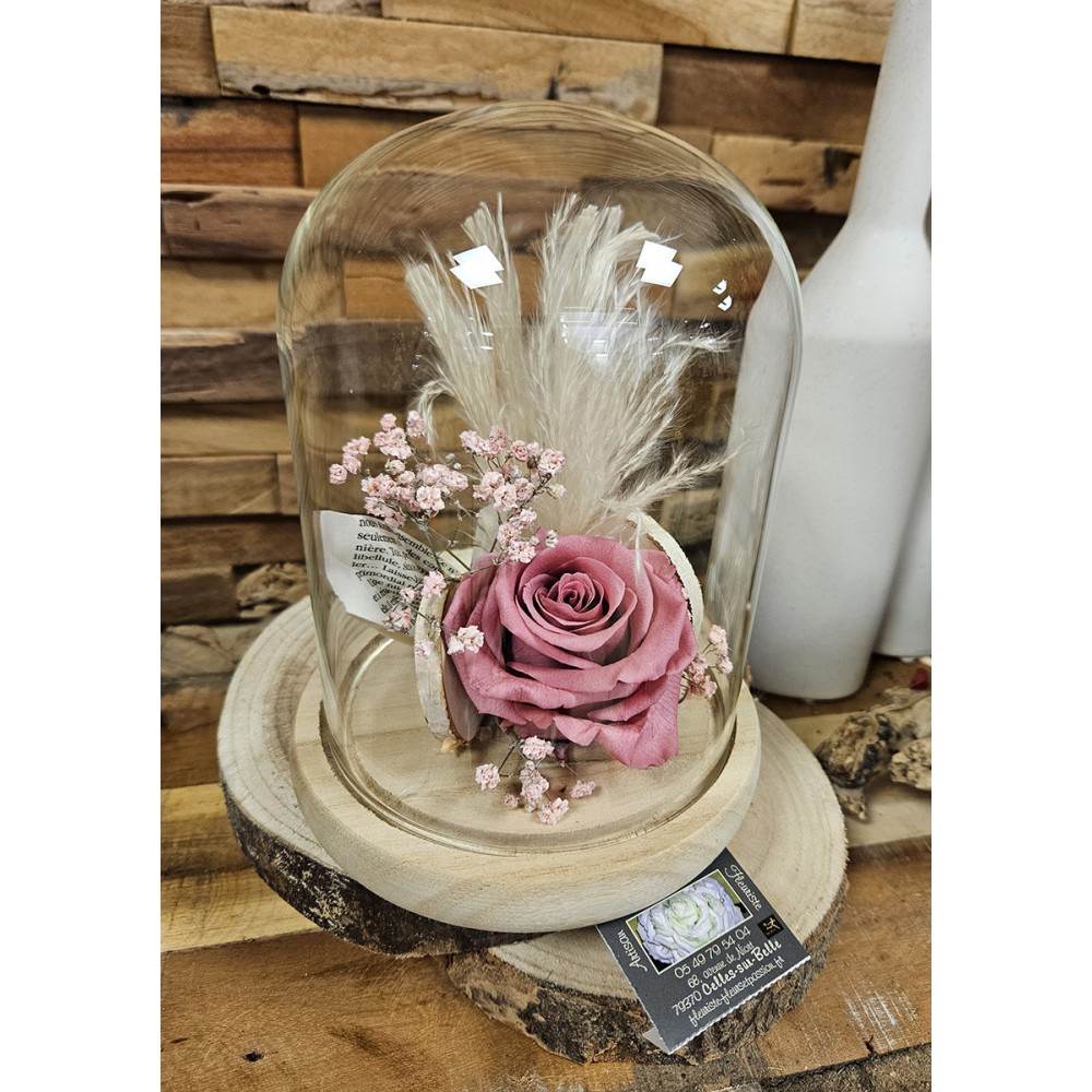 Rose éternelle sous cloche couleur au choix -  Longueur : 20 cm – Hauteur : 14 cm - Fleuriste Celles-sur-Belle (79)