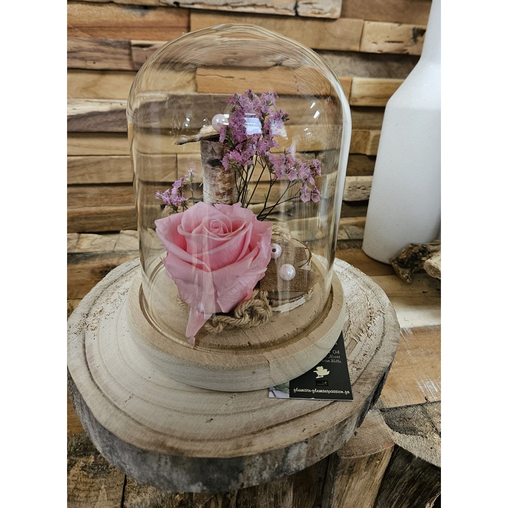 Rose éternelle sous cloche couleur au choix -  Longueur : 20 cm – Hauteur : 14 cm - Fleuriste Celles-sur-Belle (79)